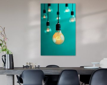 Hangende gloeilampen tegen een turquoise achtergrond van Poster Art Shop