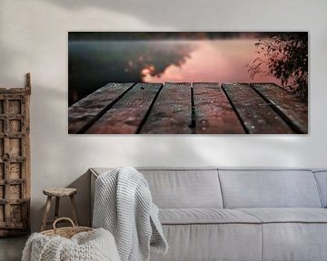 Holzsteg am ruhigen See bei Sonnenaufgang von Poster Art Shop