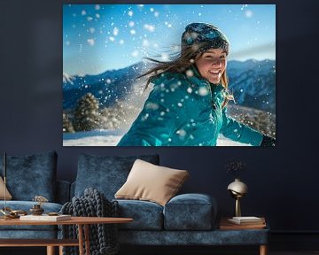 Jonge vrouw in de sneeuw vol vreugde van Poster Art Shop