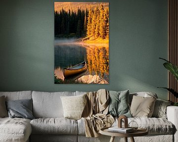 Canoe on a quiet forest lake at sunrise by Poster Art Shop