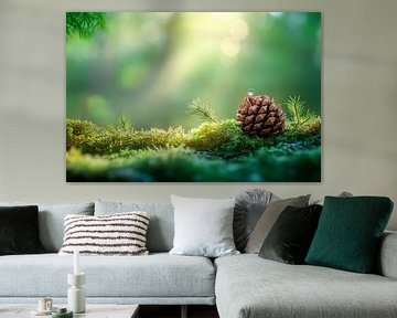 Des pommes de pin dans la douce lumière de la forêt sur Poster Art Shop