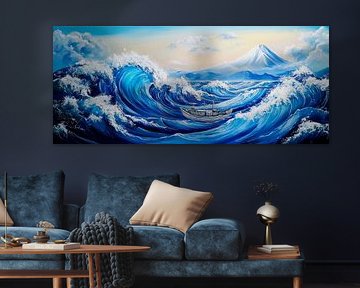Powerful waves with a mountain backdrop by Poster Art Shop