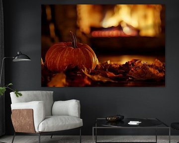 Pumpkin in front of a roaring fire by Poster Art Shop