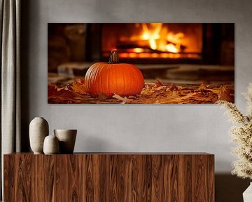 Pompoen voor de open haard in herfstlicht van Poster Art Shop