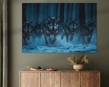 Rennende wolven in het bos bij nacht van Poster Art Shop