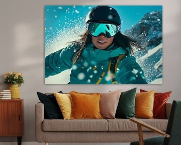 Lachende skiër in de sneeuw van Poster Art Shop