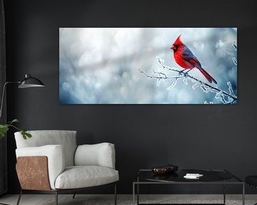 Felrode vogel in het winterse bos van Poster Art Shop