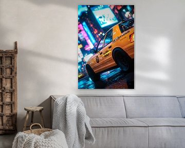 Gloeiende taxi in de nachtelijke stad van Poster Art Shop