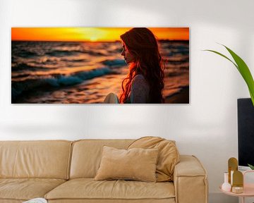 Thoughtful woman on the beach at sunset by Poster Art Shop