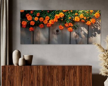 Orange-coloured flowers in front of a wooden fence by Poster Art Shop