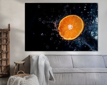 Orange in splash water on a black background by Poster Art Shop
