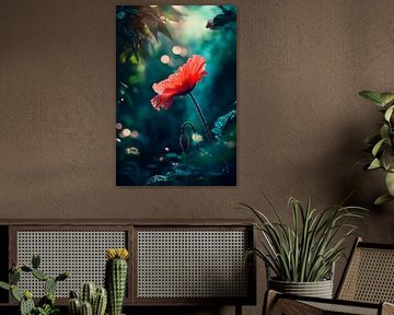 Red blooming poppy in the morning dew by Poster Art Shop