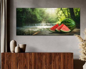 Sappige watermeloenen aan de oever van de rivier van Poster Art Shop