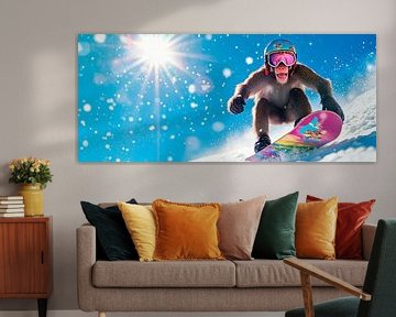 Sledende aap op een snowboard van Poster Art Shop