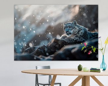 Sneeuwluipaard in een stormachtig landschap van Poster Art Shop