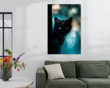 Black cat behind raindrop-covered glass by Poster Art Shop