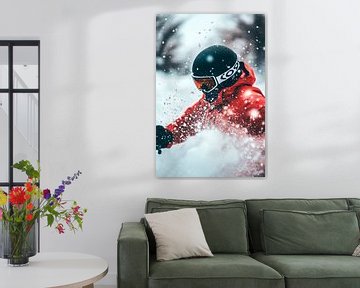 Skiër in de sneeuw stuift poeder op van Poster Art Shop