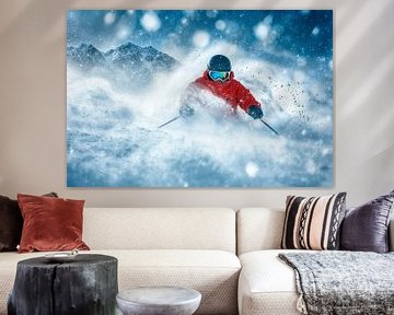 Skiërs in een besneeuwd panorama van Poster Art Shop