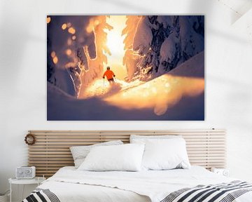 Skiërs in winters boslicht van Poster Art Shop