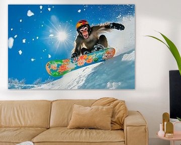 Snowboardende aap in de sneeuw van Poster Art Shop