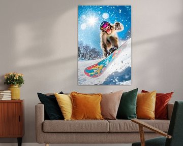 Snowboardende aap in de sneeuw van Poster Art Shop