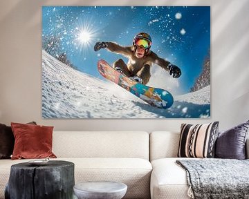 Snowboarders in vrije val in zonlicht van Poster Art Shop