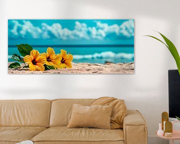 Sunflowers on the beach by the sea by Poster Art Shop