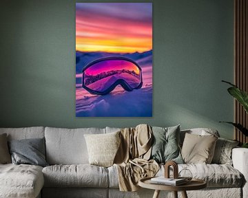 Zonsondergang met skibril in de sneeuw van Poster Art Shop