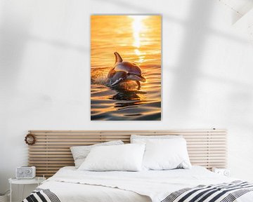 Zonsondergang met spelende dolfijn van Poster Art Shop