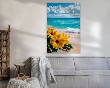 Sunny beach with hibiscus flowers by Poster Art Shop
