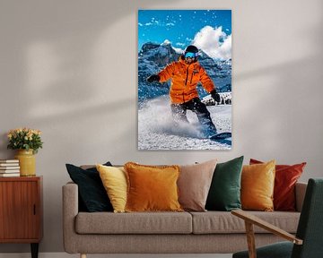 Sportieve snowboarder in de sneeuw van Poster Art Shop