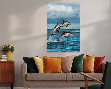 Leaping dolphins in clear water by Poster Art Shop