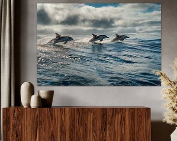 Leaping dolphins in the ocean by Poster Art Shop
