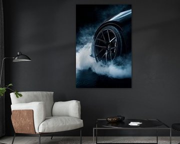 Roue de voiture de sport dans Nuage de fumée sur Poster Art Shop