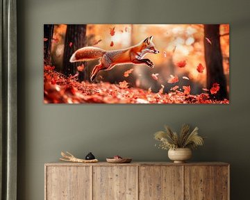 Jumping fox in the autumn forest by Poster Art Shop