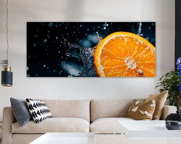Sinaasappel besprenkelen met waterdruppels van Poster Art Shop