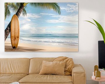 Surfplank op het met palmbomen omzoomde strand van Poster Art Shop