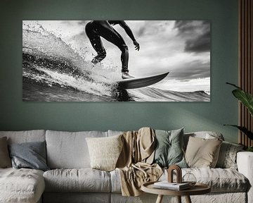 Surfer in de golf bij zonsondergang van Poster Art Shop