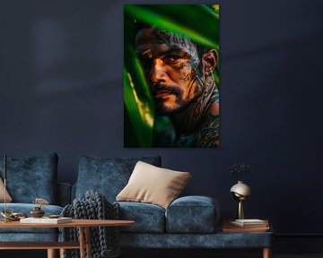 Tattooierter Mann im Dschungellicht von Poster Art Shop