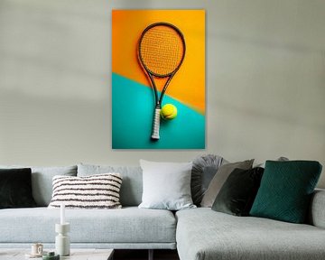 Tennisracket met bal op kleurrijke achtergrond van Poster Art Shop