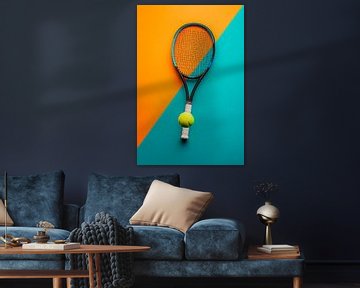 Tennisracket met gele bal op Farbenmix van Poster Art Shop
