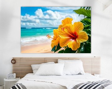 Tropical hibiscus blossom on the beach by Poster Art Shop
