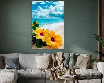 Tropical beach with hibiscus flowers by Poster Art Shop