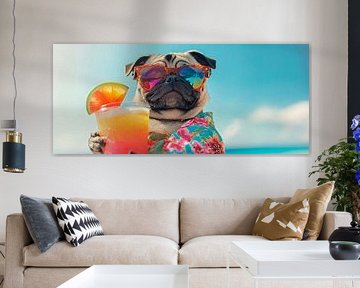 Holiday pug with a cocktail on the beach by Poster Art Shop