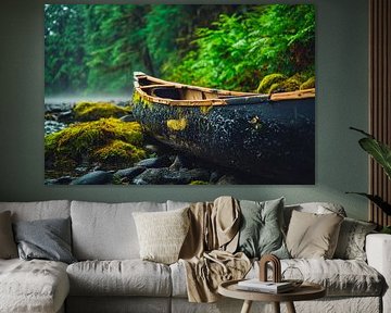 Verlassenes Kanu im grünen Wald von Poster Art Shop