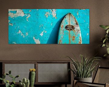 Verweerde surfplank voor een blauwe muur van Poster Art Shop