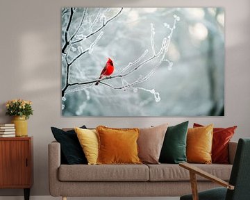 Kerstvogel tegen een ijzige achtergrond van Poster Art Shop