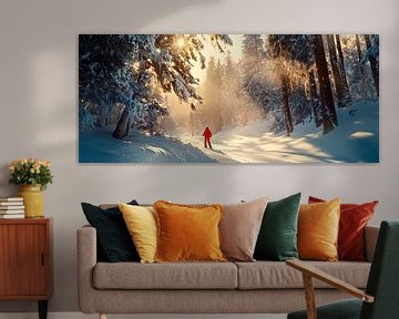 Winterlandschap met skiërs in de mist van Poster Art Shop