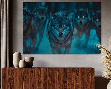 Kudde wolven in het mystieke boslicht van Poster Art Shop