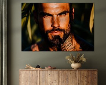 Intense gaze of a tattooed man by Poster Art Shop